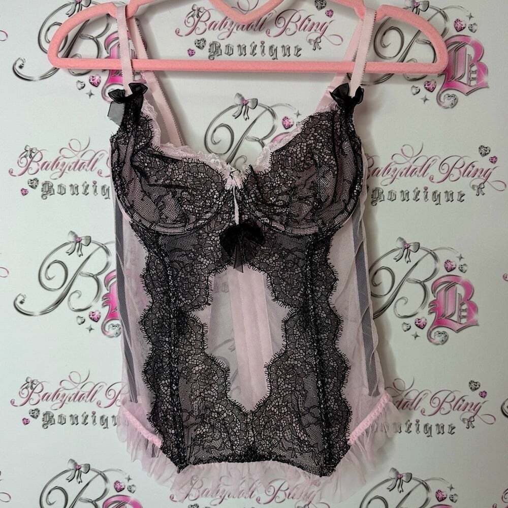 Victoria's Secret Black and Pink Lace Chemise bustier corset lace floral bows